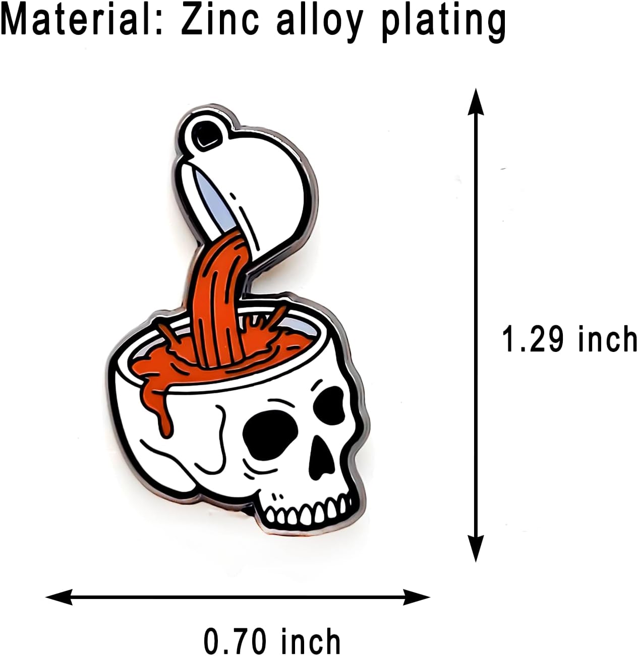 Skull-shaped enamel pin with coffee being poured, labeled 'Zinc alloy plating' and measurements.