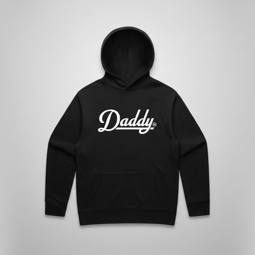 Black hoodie with 'Daddy' text on a white background
