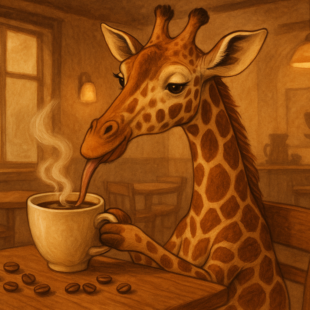 a giraffe drinking coffee
