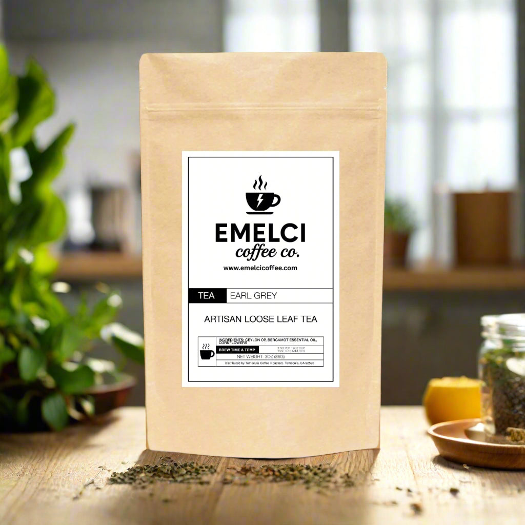 Emelci Coffee Co. Earl Grey tea package on a white background