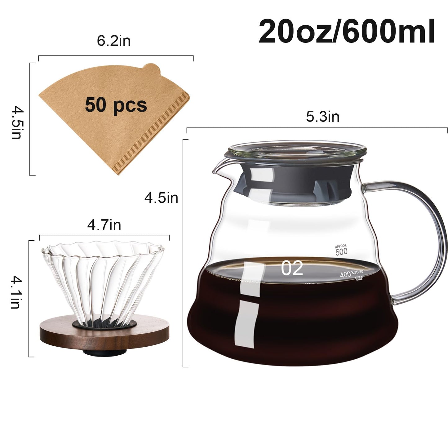 Borosilicate Glass Pour Over Coffee Maker 20 OZ w/ 50 pcs V60 Paper Filter