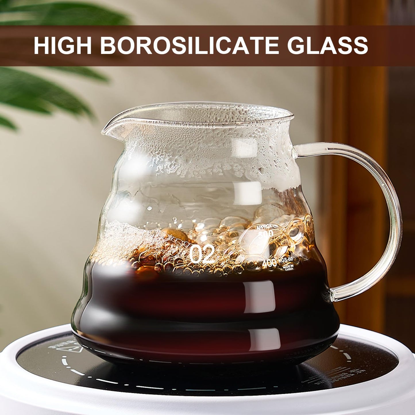 Borosilicate Glass Pour Over Coffee Maker 20 OZ w/ 50 pcs V60 Paper Filter