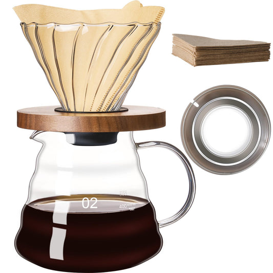 Borosilicate Glass Pour Over Coffee Maker 20 OZ w/ 50 pcs V60 Paper Filter