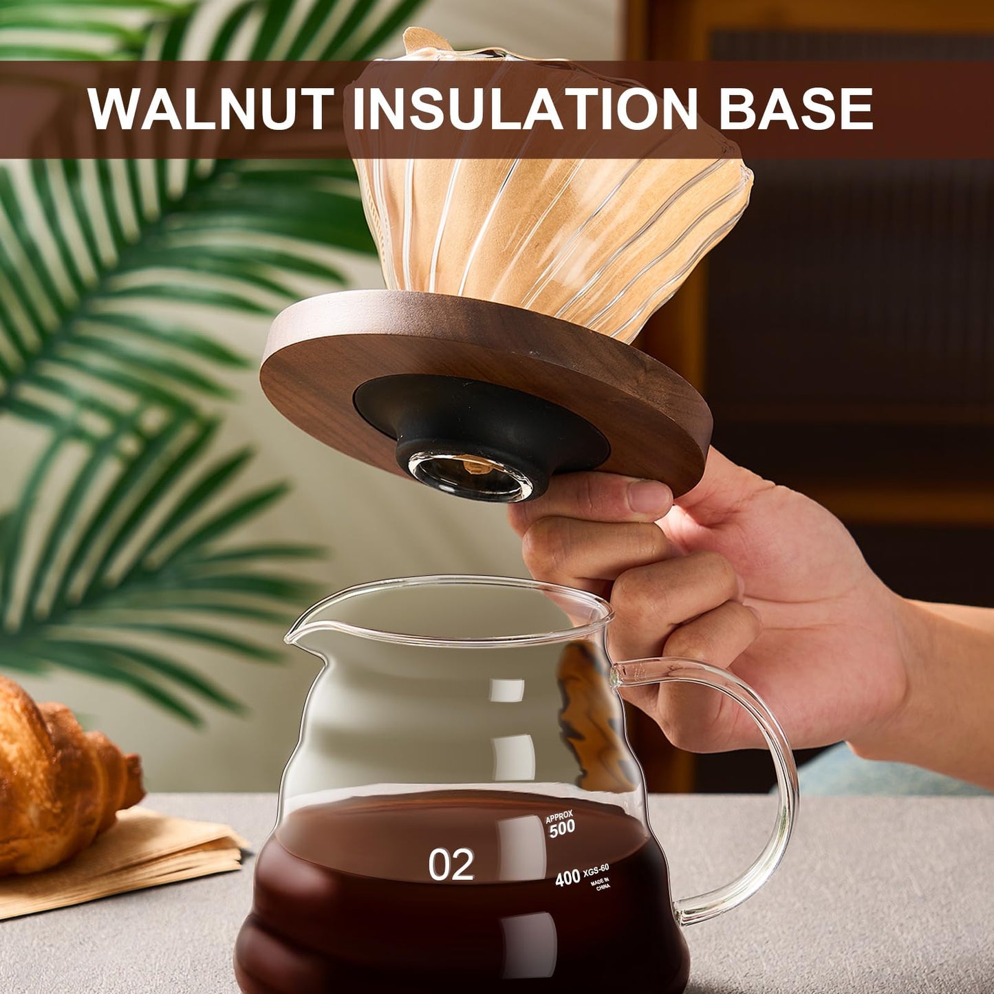 Borosilicate Glass Pour Over Coffee Maker 20 OZ w/ 50 pcs V60 Paper Filter