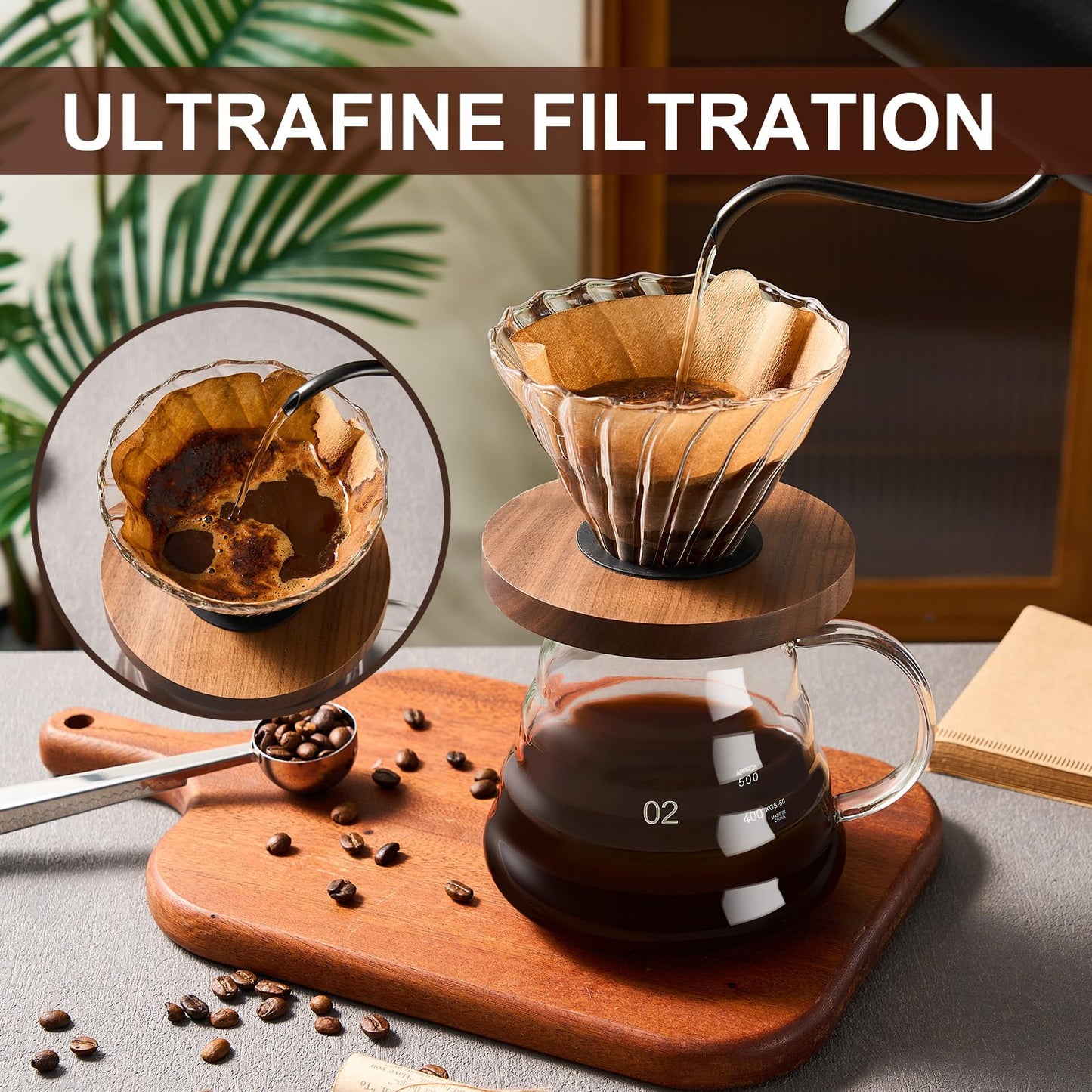 Borosilicate Glass Pour Over Coffee Maker 20 OZ w/ 50 pcs V60 Paper Filter