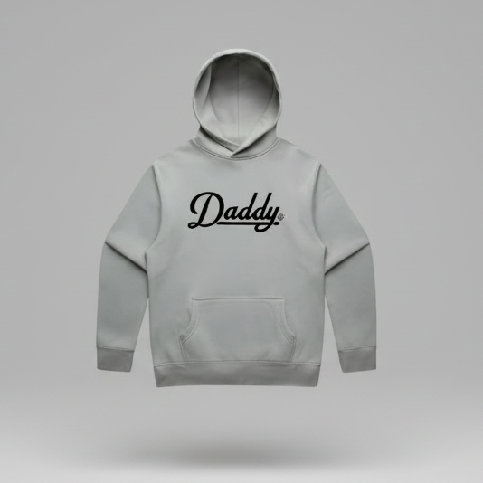 Gray hoodie with 'Daddy' text on a white background