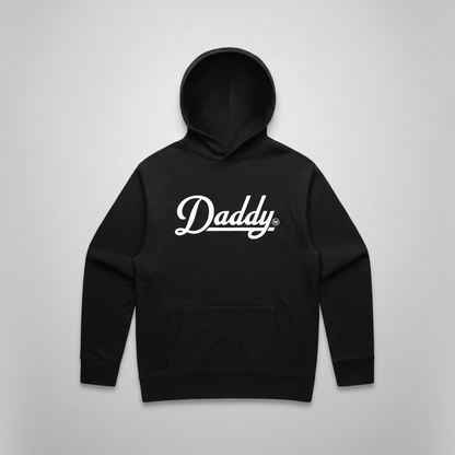 Black hoodie with 'Daddy' text on a white background