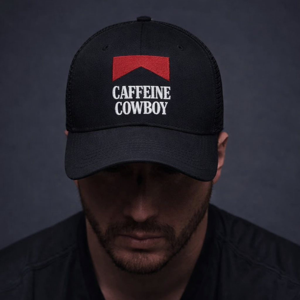 Man wearing a black cap with 'Caffeine Cowboy' text against a dark background