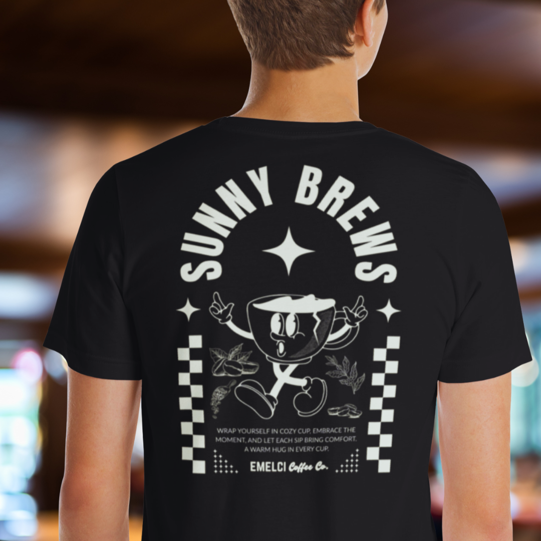 Person wearing a black t-shirt with 'Sunny Brews' design in a casual setting