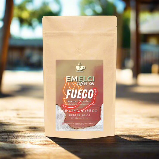 Coffee package with 'Emelci Coffee Co. Fuego' branding on a white background