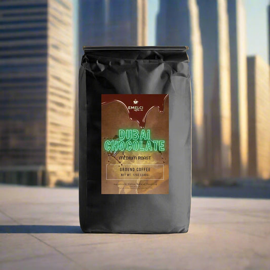Black coffee bag with 'Dubai Chocolate' label on a white background